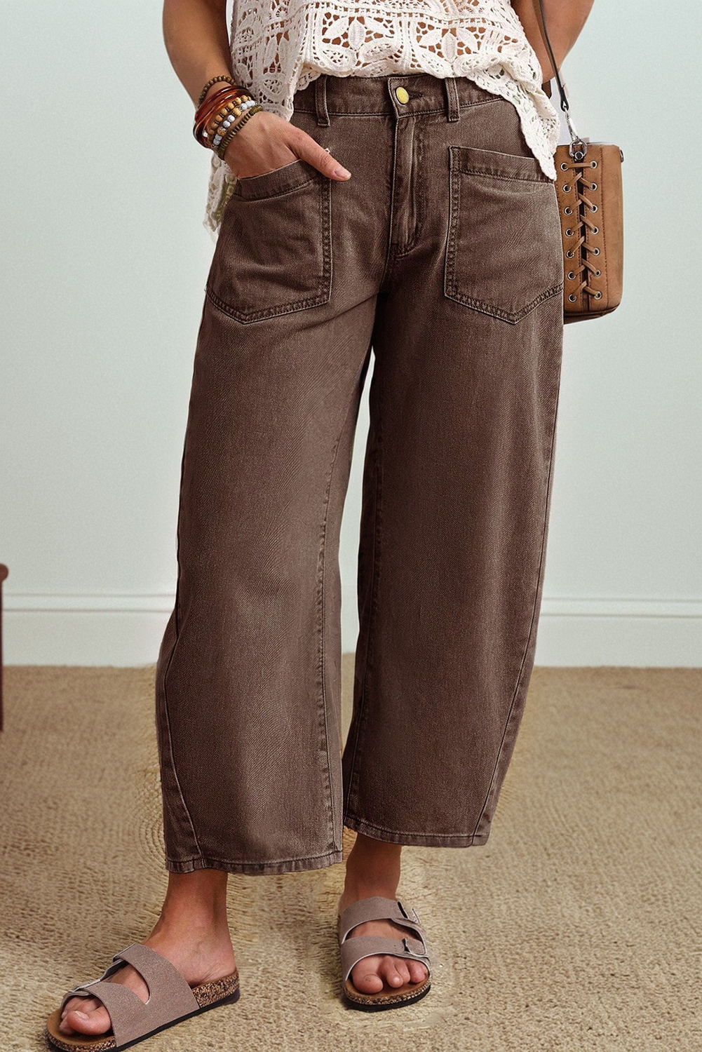LAS Square Patch Pocket Ankle-length Barrel Jeans (4-16): Coffee / Missy / 4