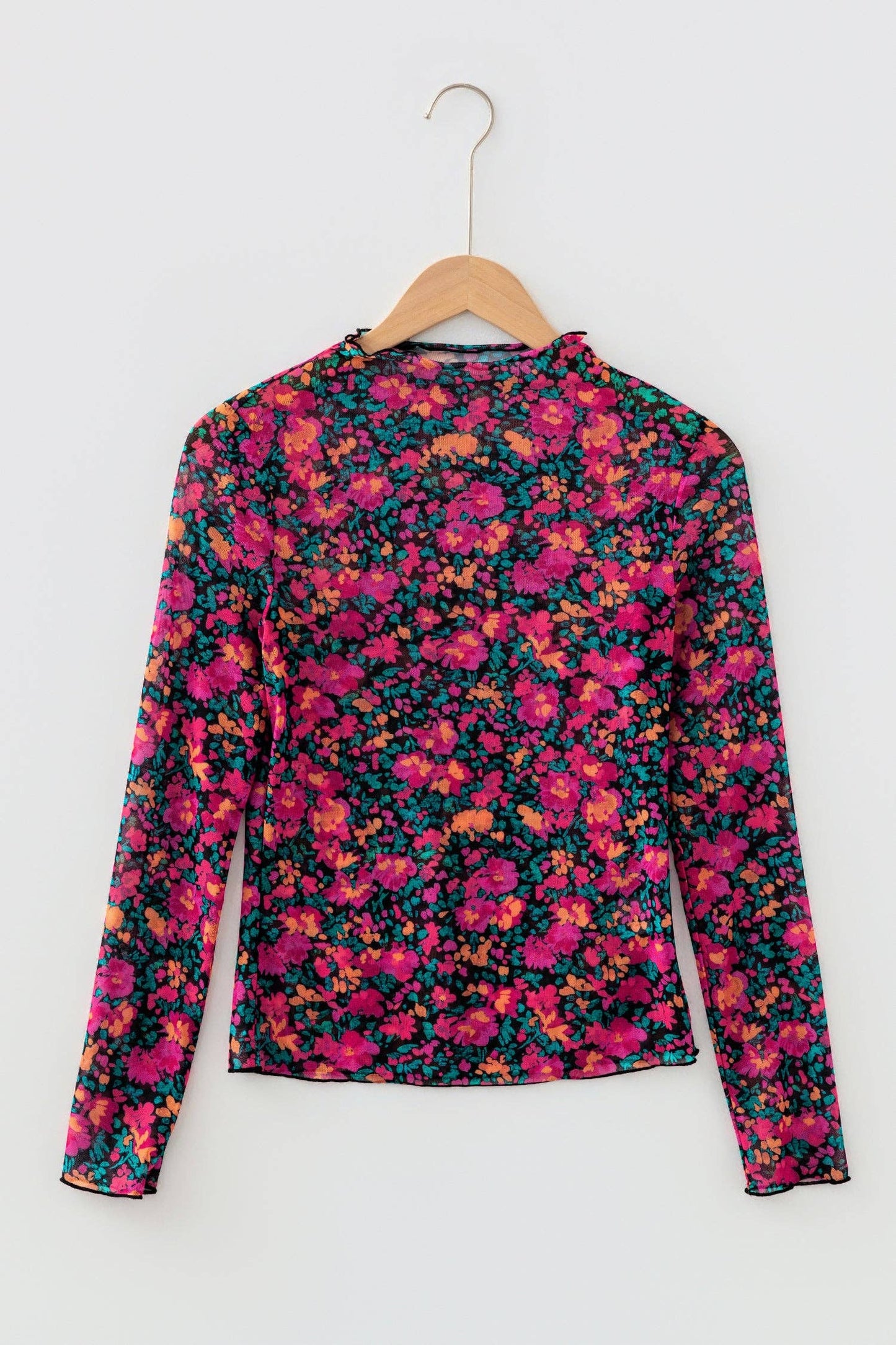 Summer Slim Fit Floral Top-Rose | Mesh Top | Mock Neck Top: Rose / 95%Polyester+5%Elastane / S