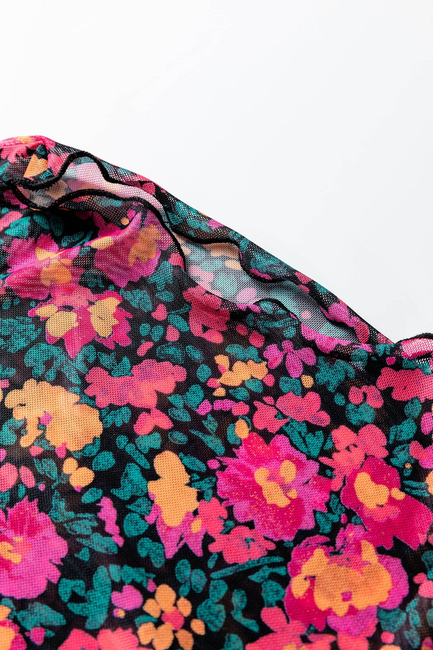 Summer Slim Fit Floral Top-Rose | Mesh Top | Mock Neck Top: Rose / 95%Polyester+5%Elastane / S
